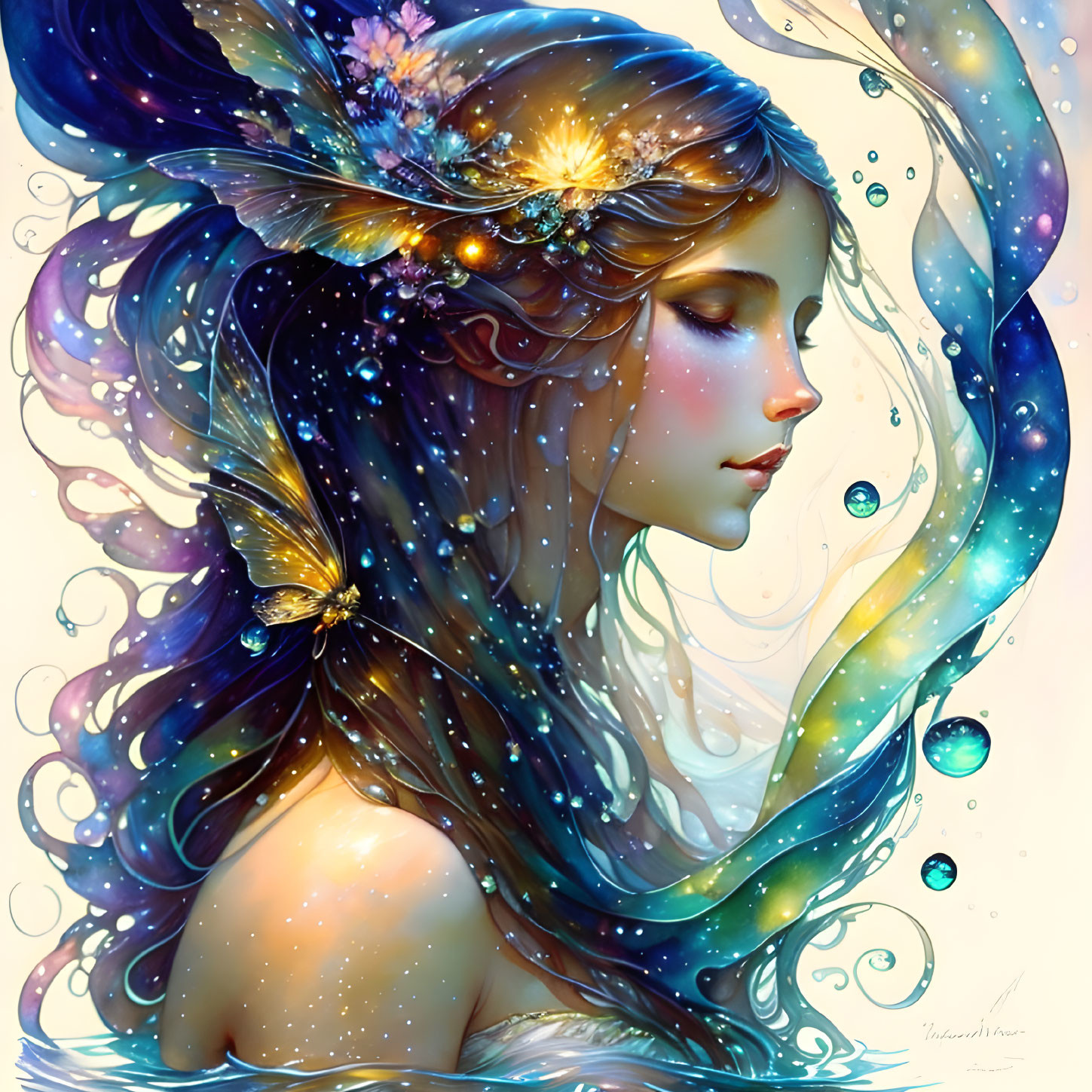 Fantasy illustration of woman with flowing hair and celestial adornments surrounded by bubbles on colorful backdrop