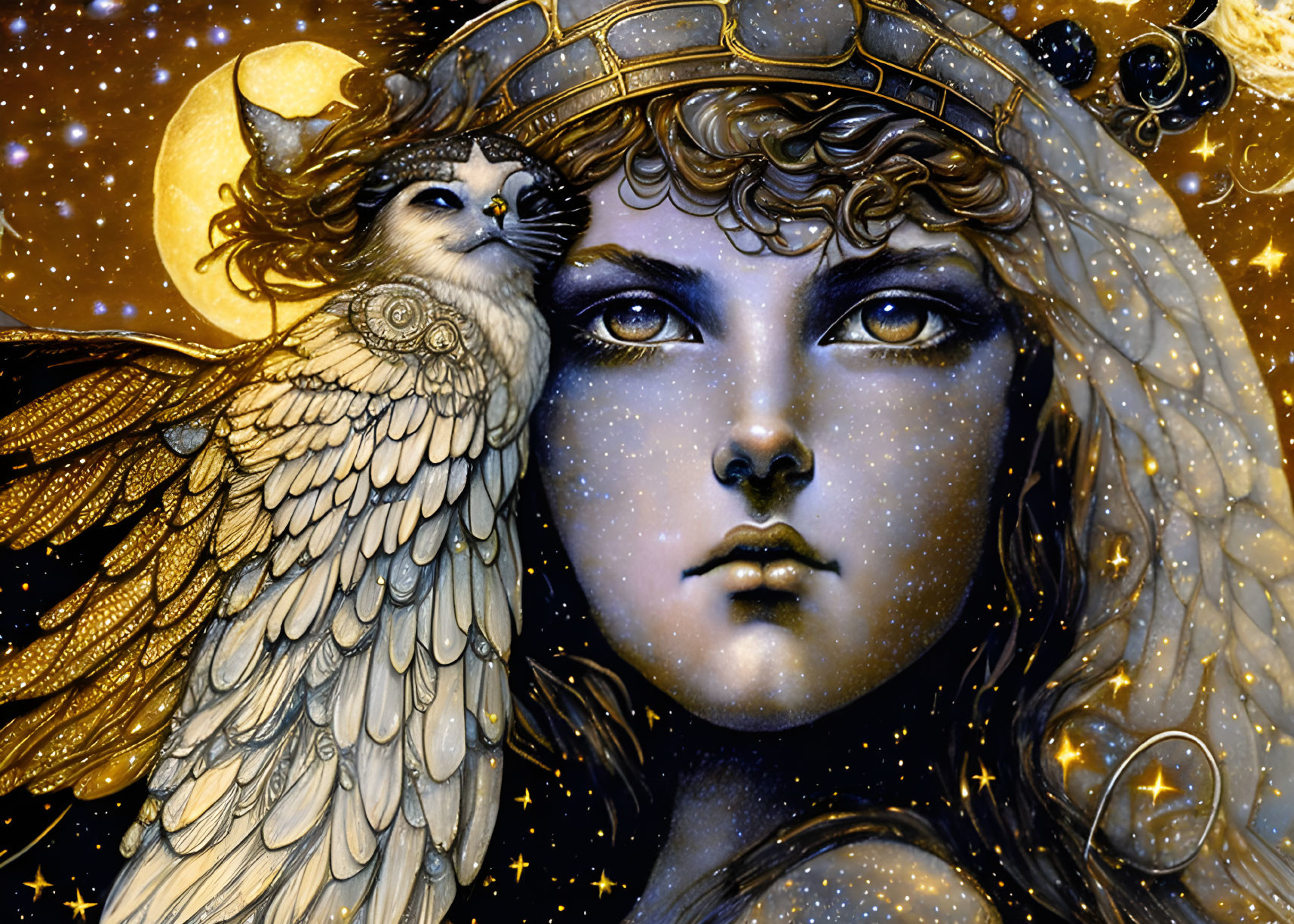 Detailed illustration of person with star-speckled skin, celestial helmet, owl, and cosmic backdrop.