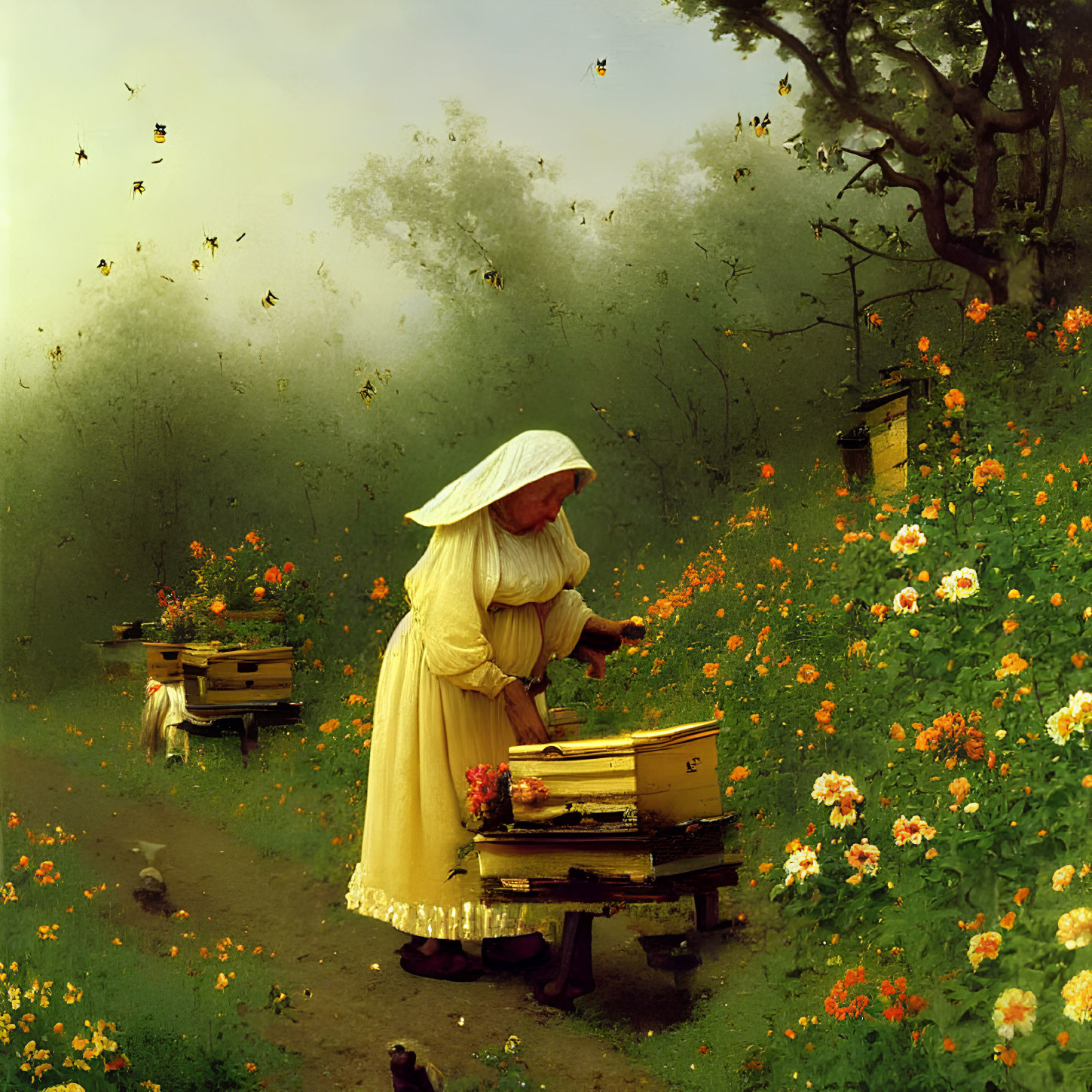 Woman tending bee hives in vintage attire surrounded by blooming flowers and bees in misty garden