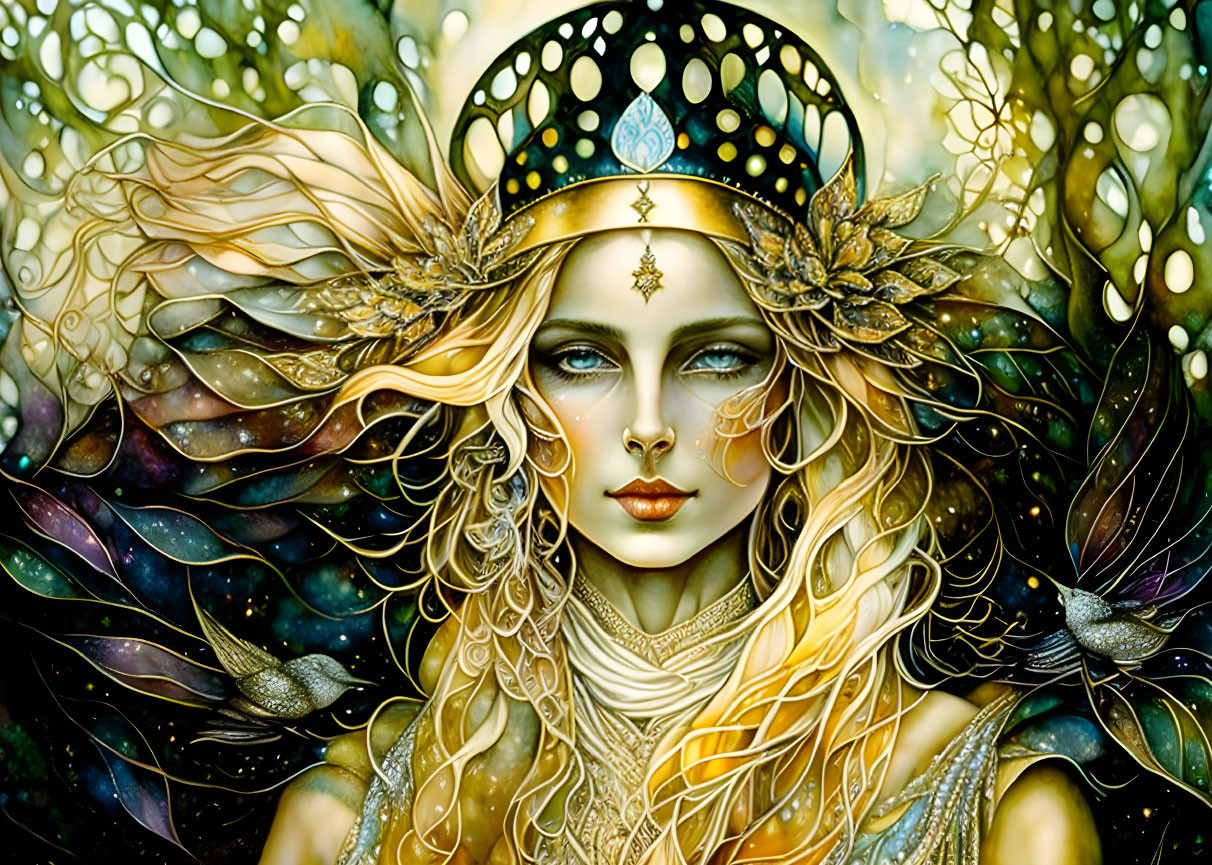 Fantasy character with ornate headdress and golden hair in jewel-toned setting