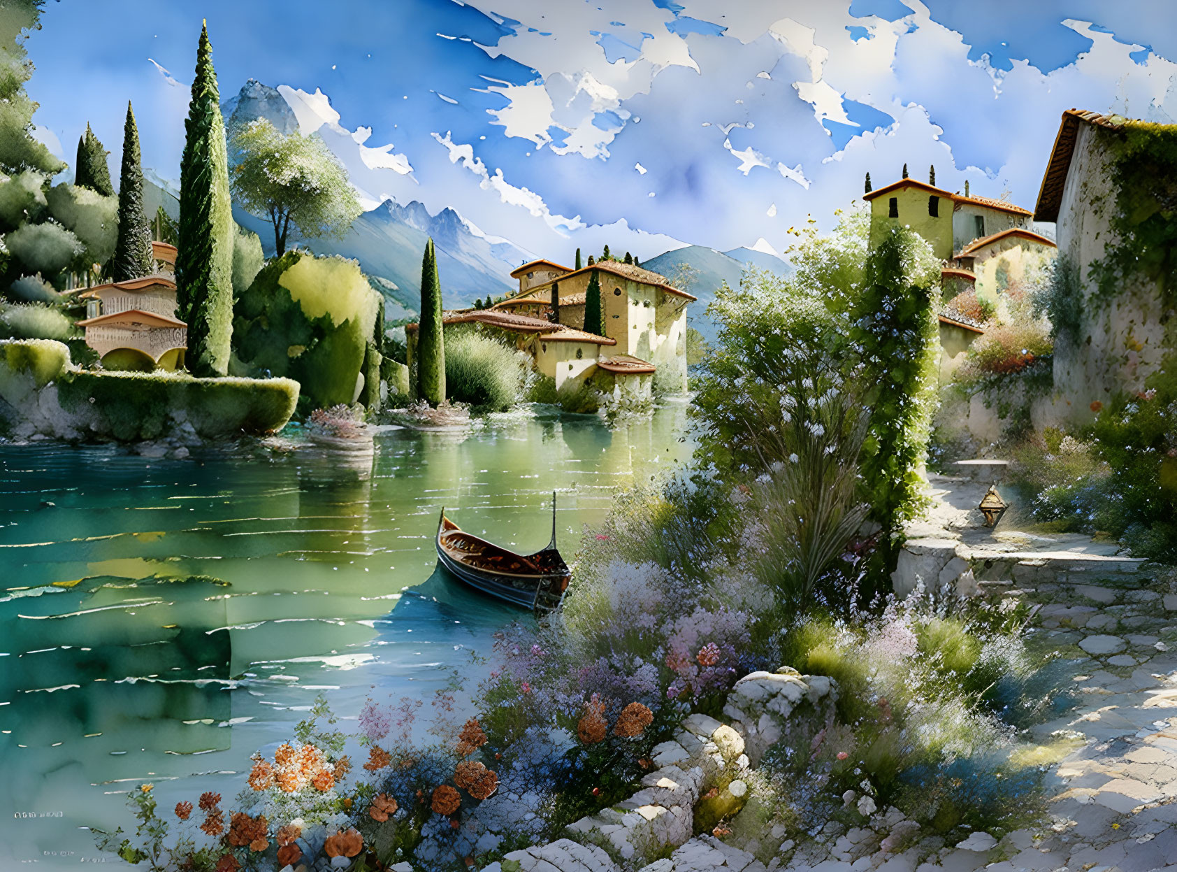 Tranquil Italian lakeside village with flowers, boat, mountains, and cloudy sky