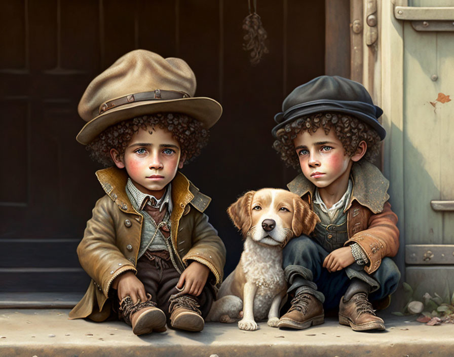 Illustrated children in vintage clothing with dog on doorstep