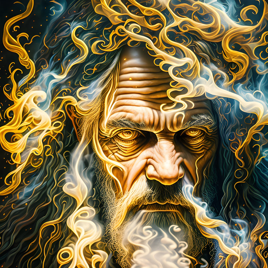 Elderly man portrait with stern gaze in magical flames and smoke