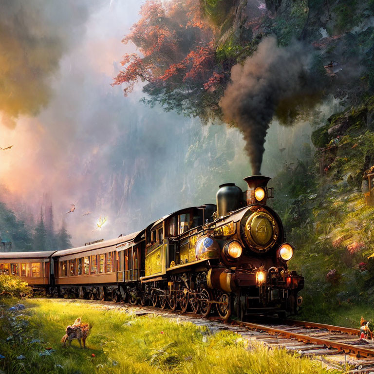 Vintage steam locomotive in lush forest with deer
