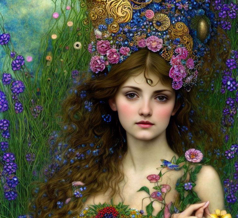 Vibrant artwork: Woman with auburn hair and floral adornments in lush setting