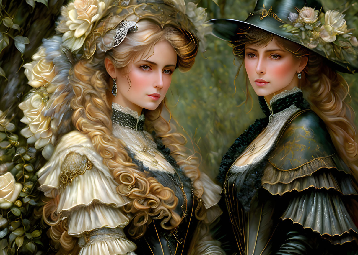 Vintage Attired Women with Elaborate Hats and Flowers