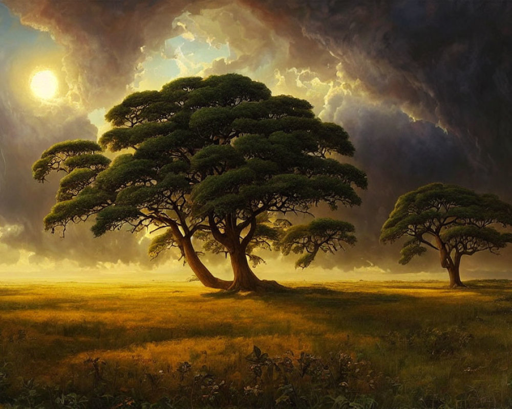 Majestic trees in serene landscape at sunset