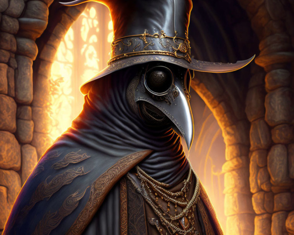 Plague doctor digital art: cloaked figure with beaked mask by stone archway