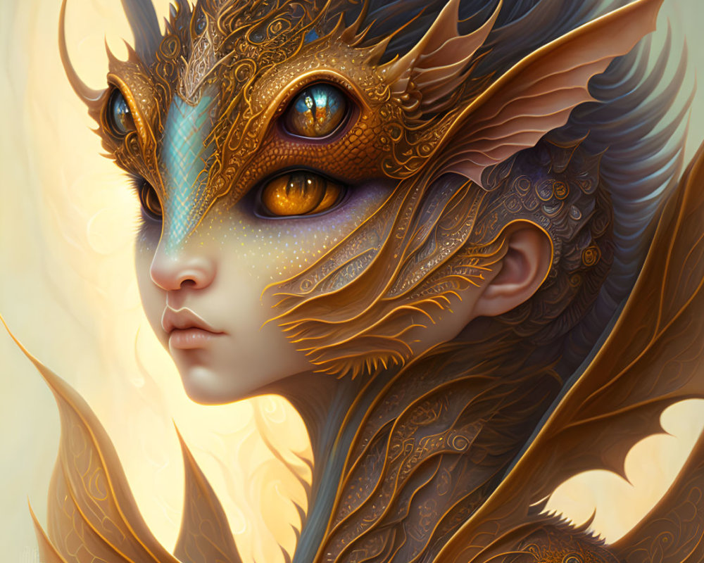 Fantastical digital artwork of a human-like creature with golden dragon features
