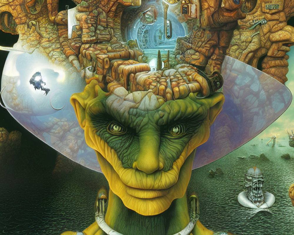 Surreal Green Humanoid Figure with Maze-Like Head in Fantasy Landscape