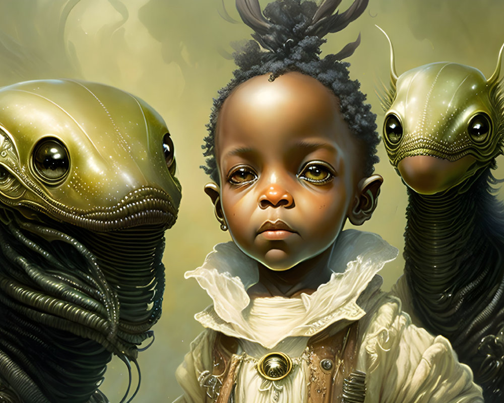Child with intricate hairstyle and fantastical creatures with elongated heads and expressive eyes