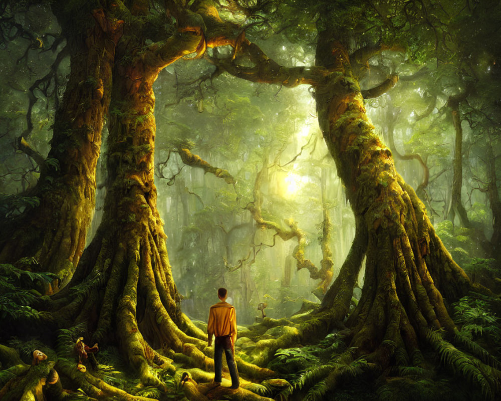 Person in Orange Shirt Standing in Enchanting Forest with Towering Trees
