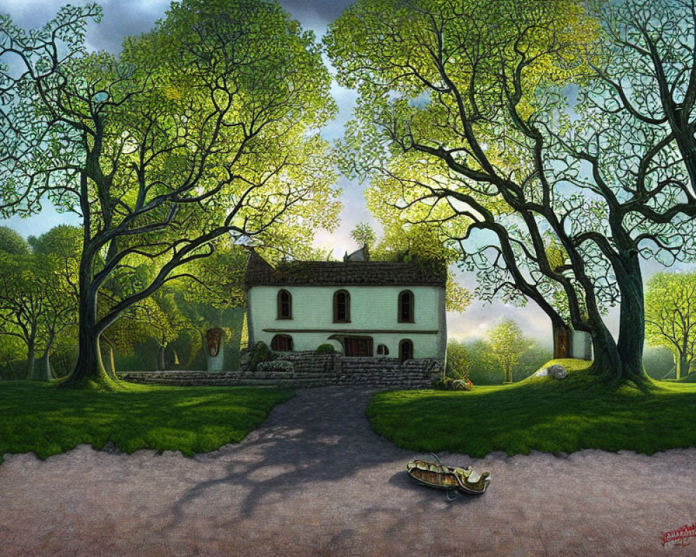 Tranquil landscape with whimsical cottage, lush trees, and turtle