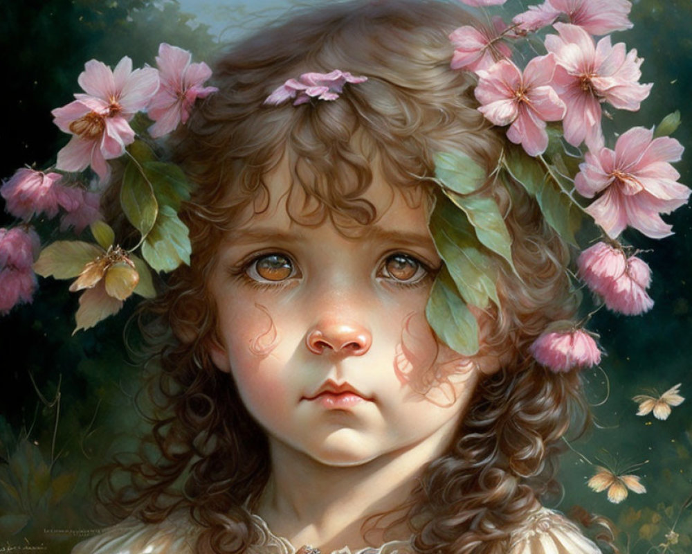 Young girl with curly hair, pink flowers, butterflies, and thoughtful expression