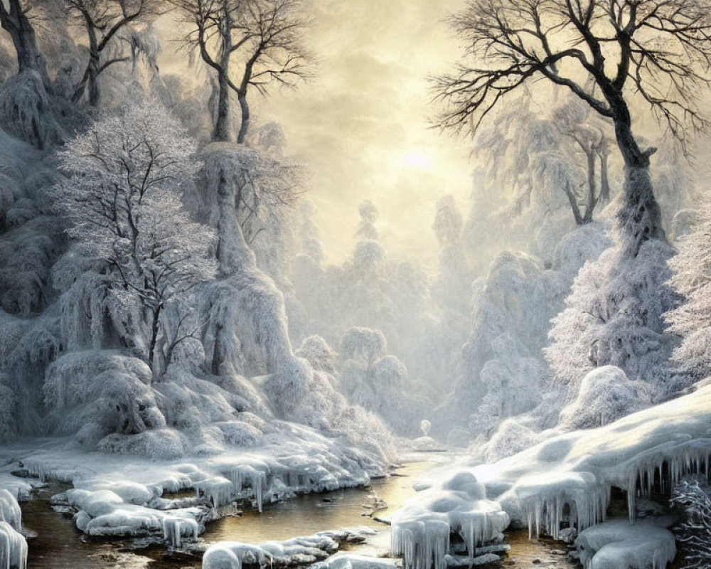 Snow-covered trees, icicles, frozen stream in serene winter landscape