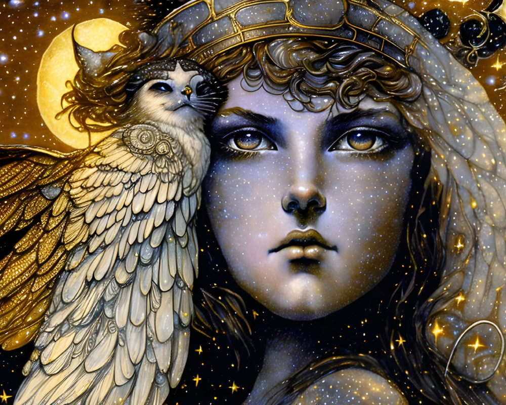 Detailed illustration of person with star-speckled skin, celestial helmet, owl, and cosmic backdrop.