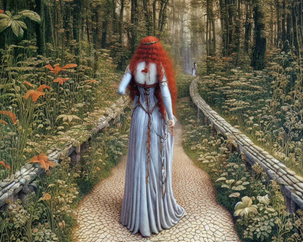 Red-haired woman in blue dress walks in lush forest with glowing figure