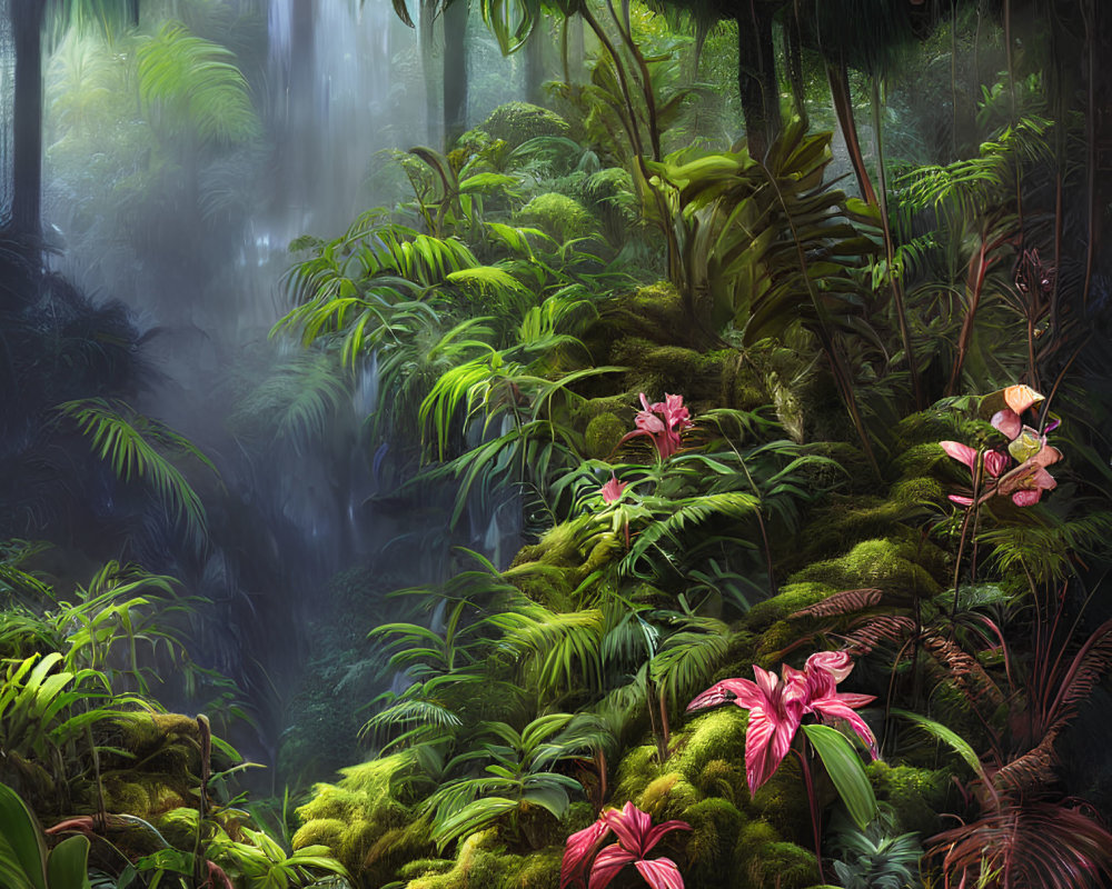Lush tropical forest with pink flowers and waterfall