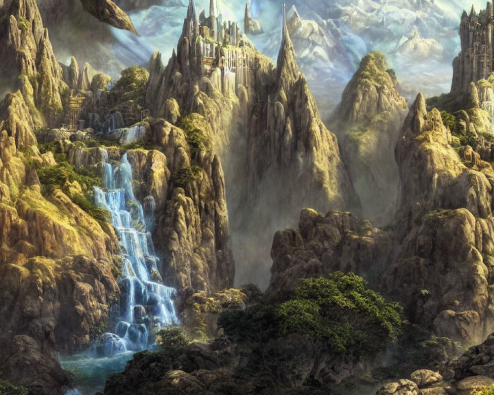 Majestic fantasy landscape with cliffs, waterfalls, and castle-like structures
