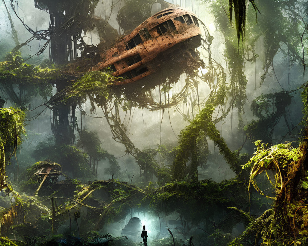 Person in lush forest gazes at abandoned spaceship in foliage