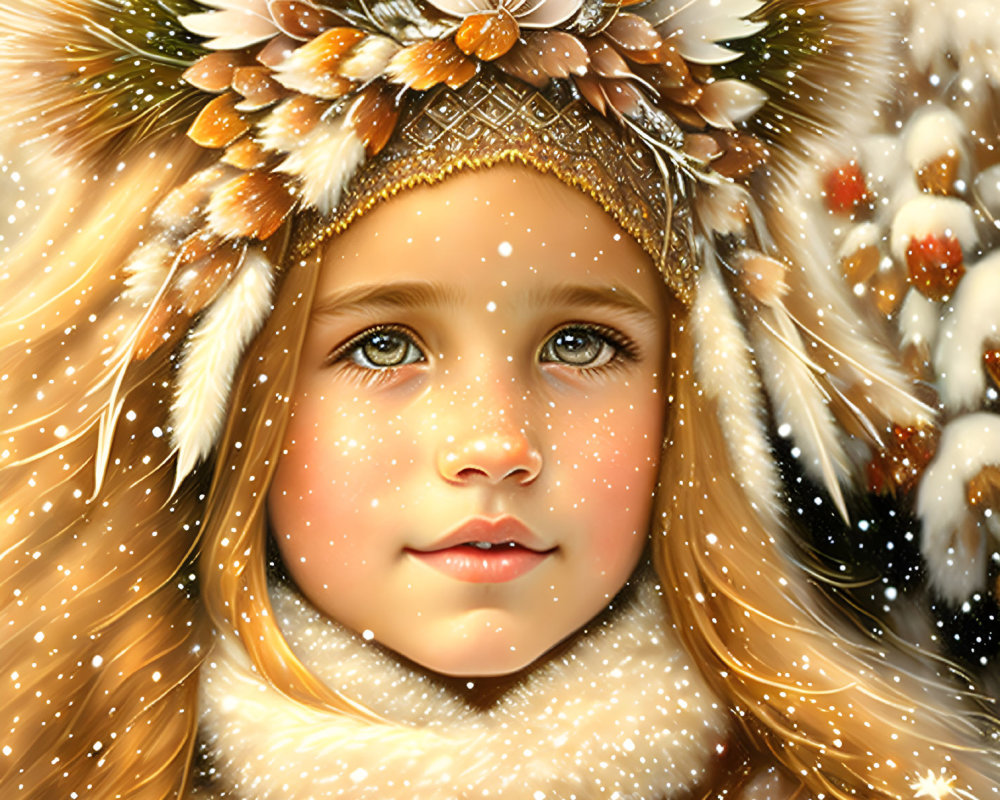 Young girl in winter headpiece with falling snowflakes and golden tones