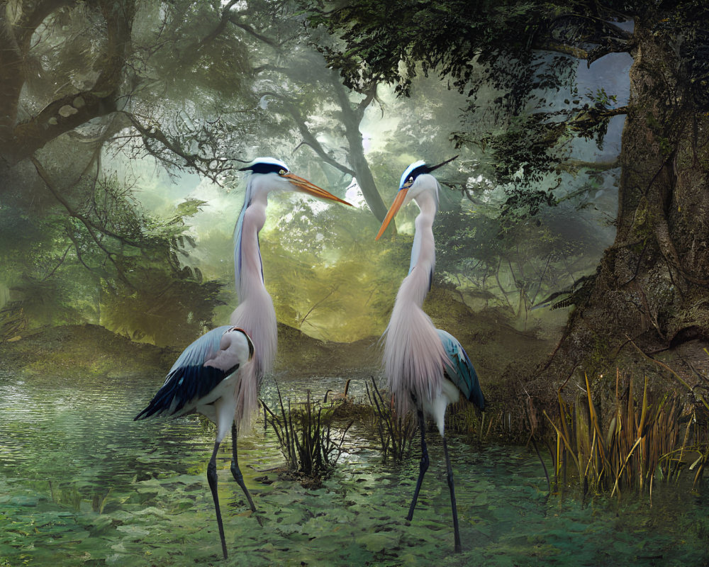 Serene forest scene with two facing herons