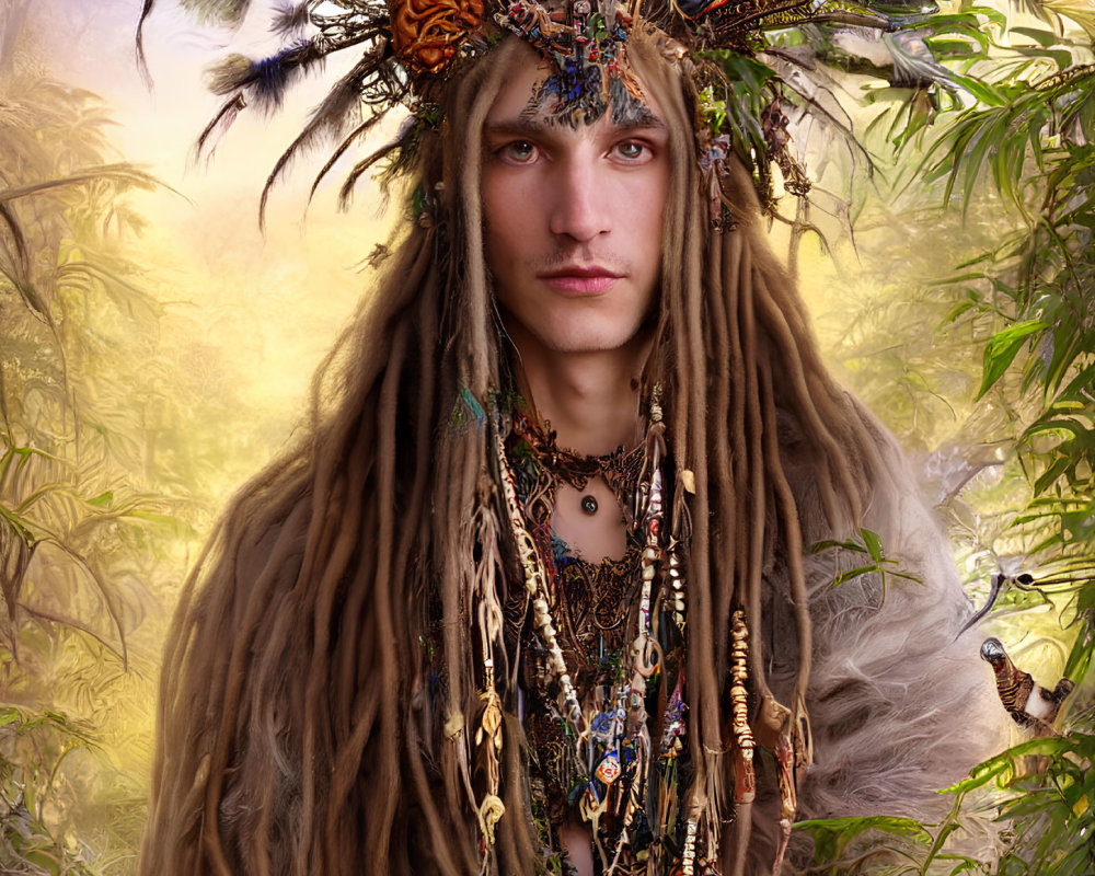 Person wearing ornate headdress with feathers and beads in misty forest scene