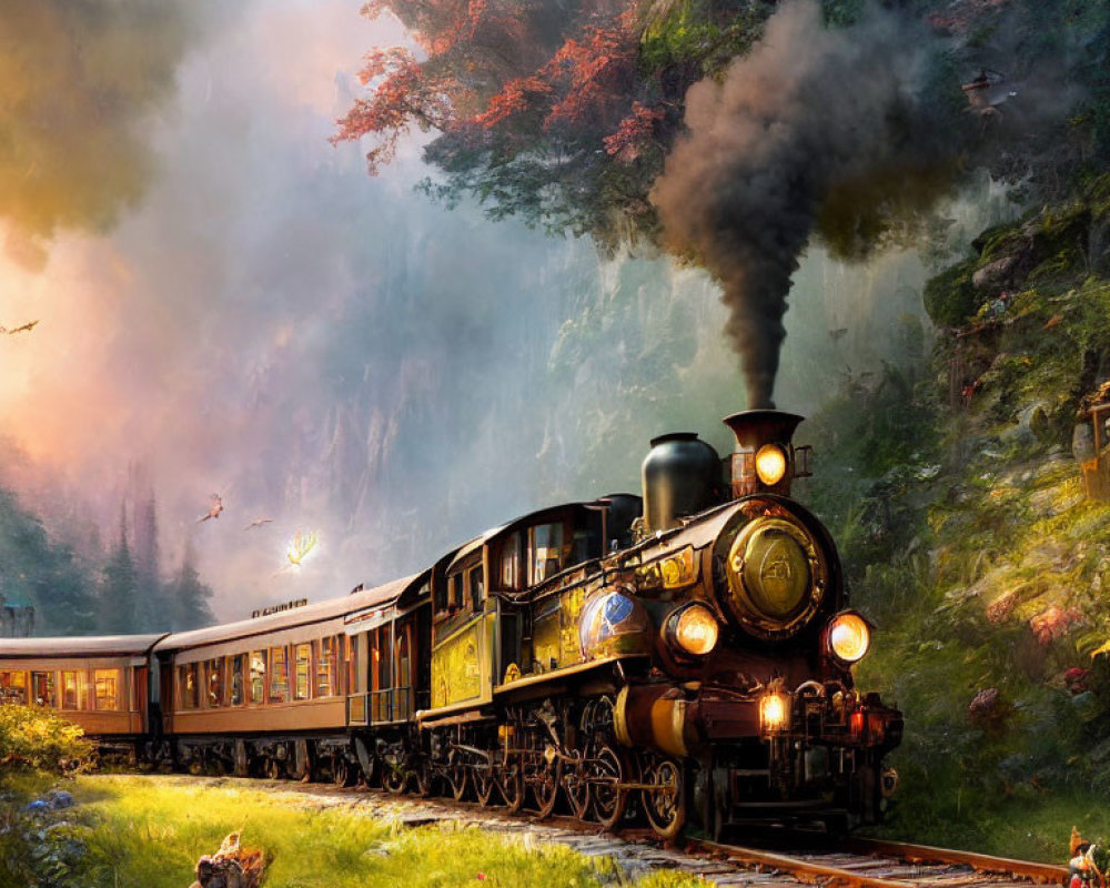 Vintage steam locomotive in lush forest with deer