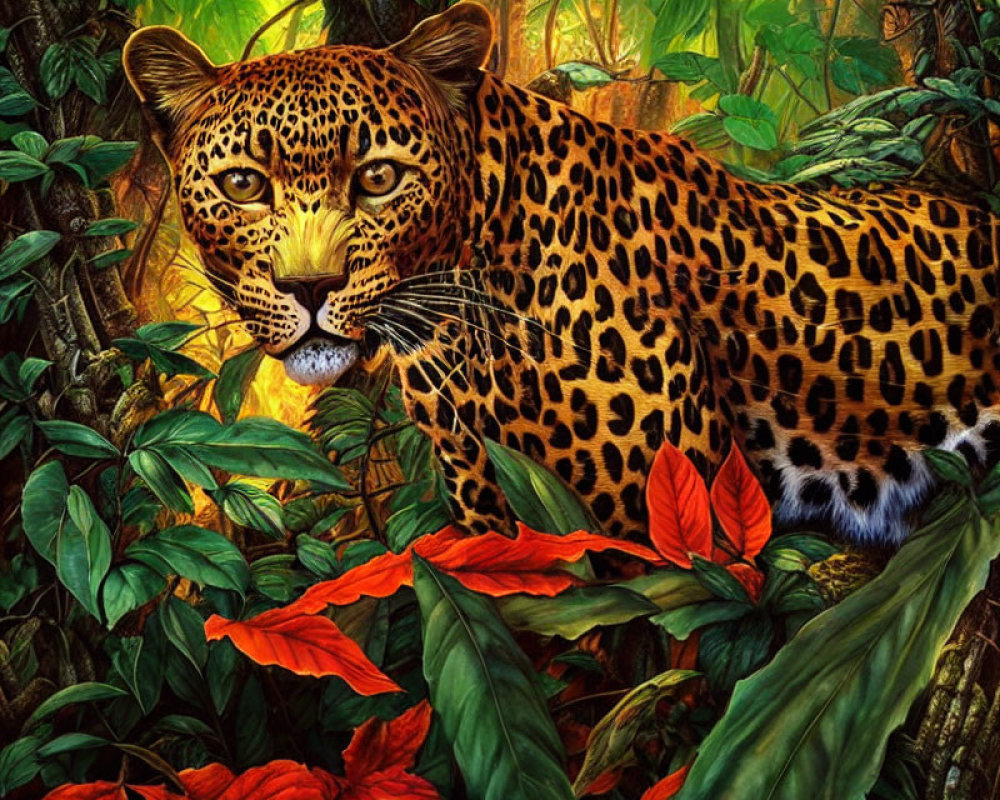 Colorful Leopard in Lush Jungle with Green Foliage