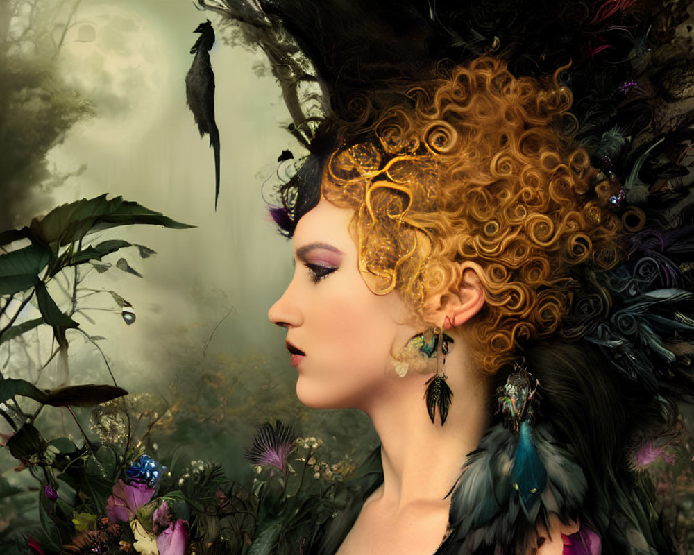 Profile view of woman with curly golden hair and ornate accessories against mystical backdrop with crow, moon,