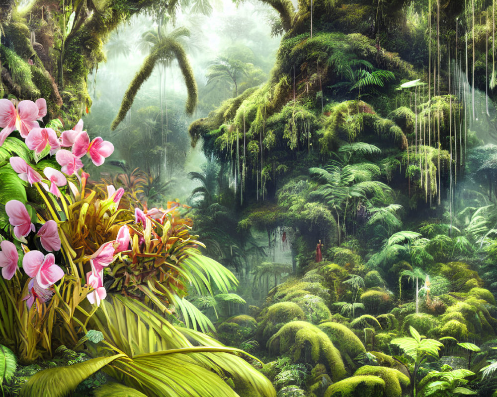 Lush Rainforest with Hanging Vines and Pink Flowers
