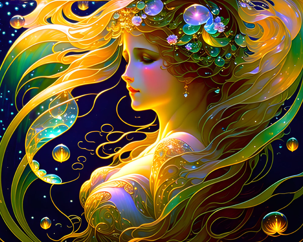 Mystical woman with golden hair, flowers, gems, orbs, and starry background