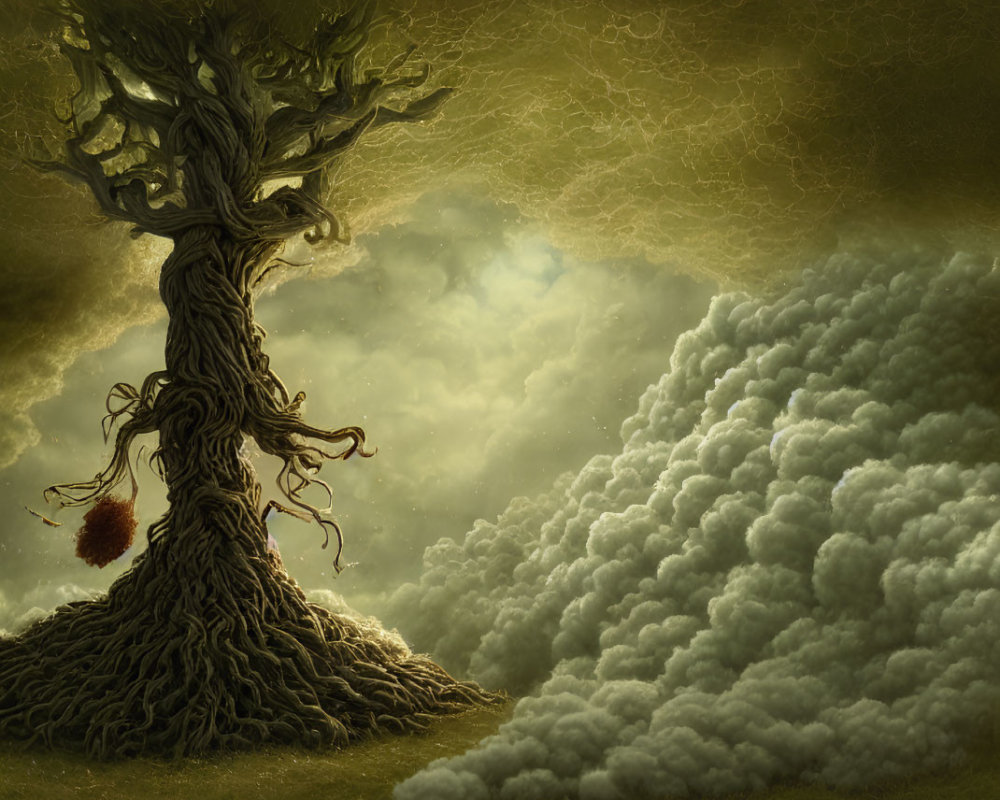 Surreal gnarled tree under stormy sky with red orb