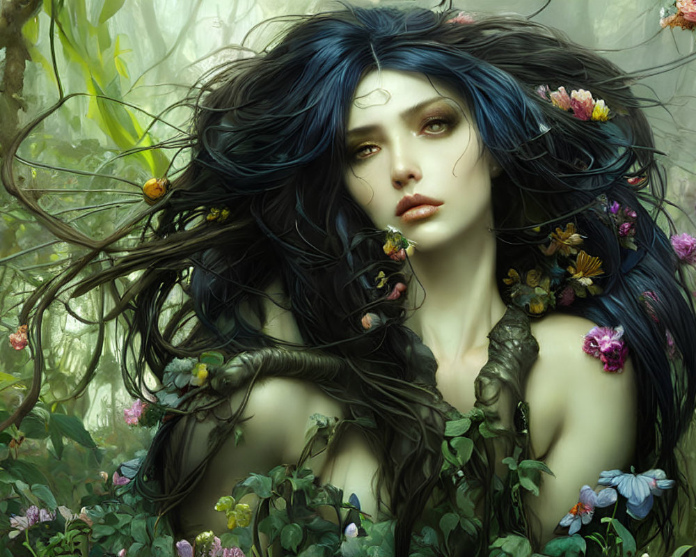 Dark-haired woman with floral adornments in lush forest setting