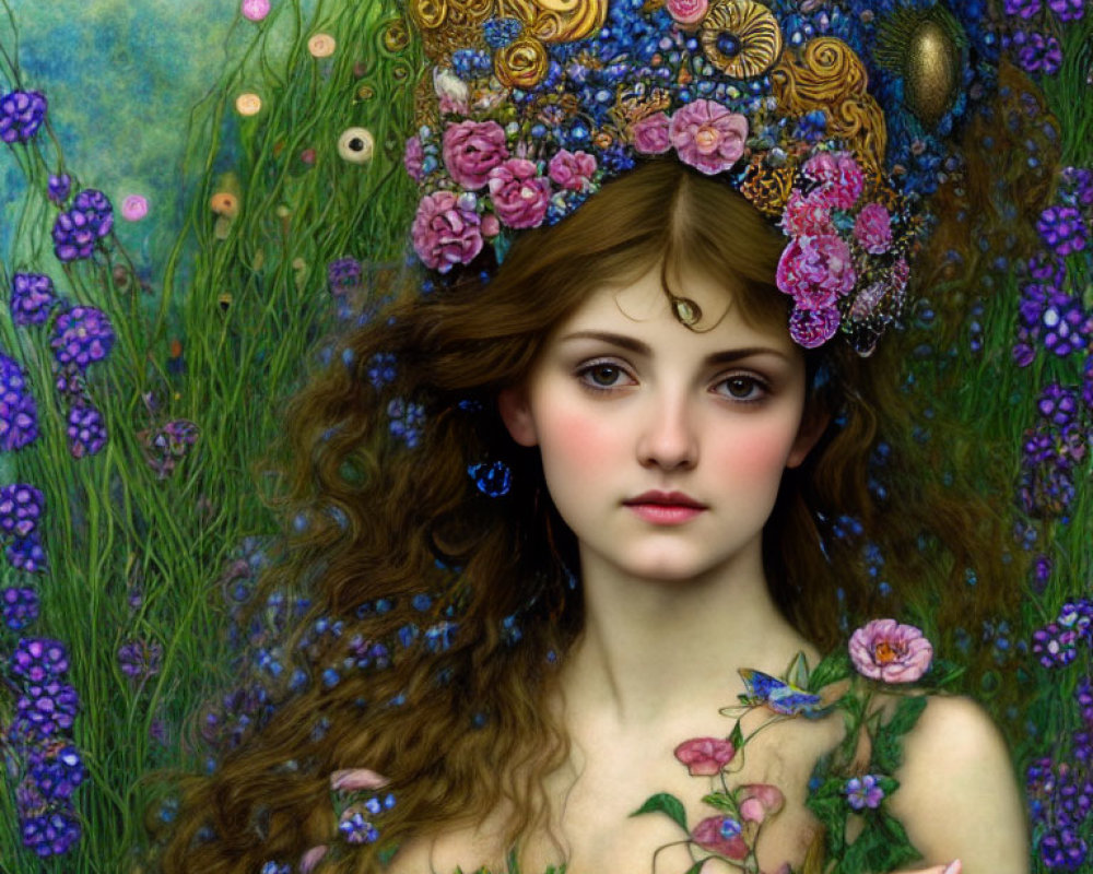 Vibrant artwork: Woman with auburn hair and floral adornments in lush setting