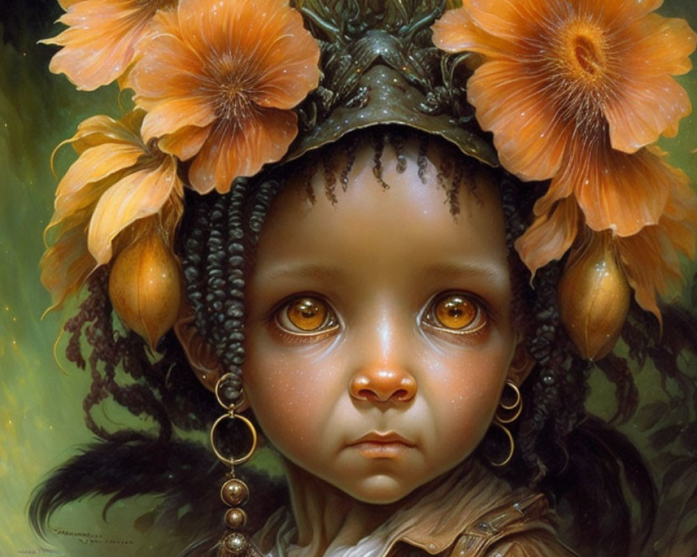 Portrait of a Child with Brown Eyes and Floral Headdress