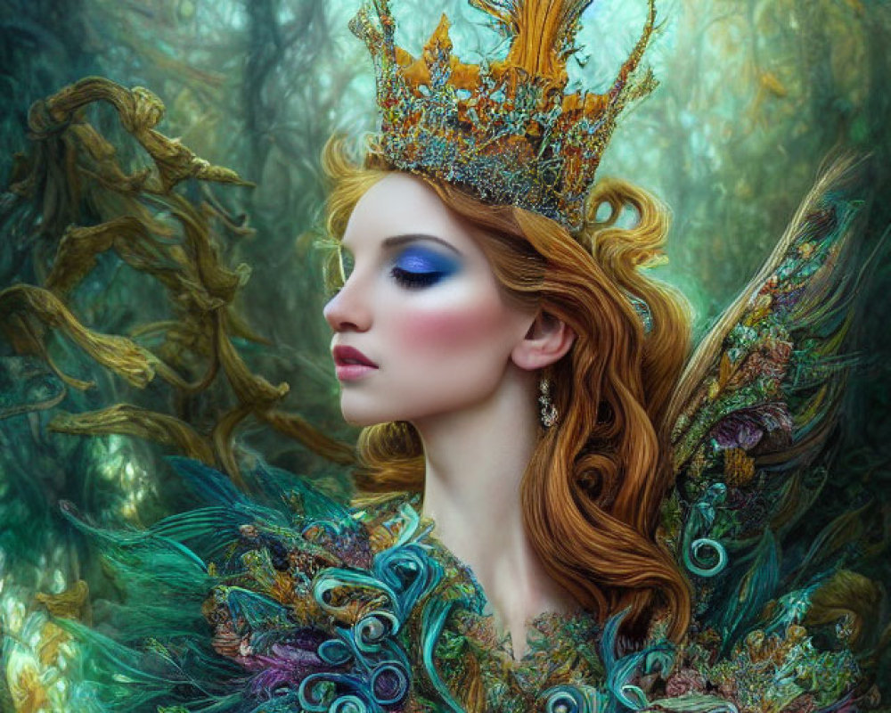 Vibrant red-haired woman in golden crown and peacock feather collar in ethereal forest
