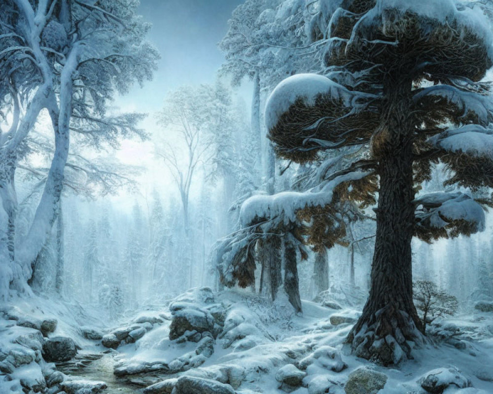 Winter forest scene with misty atmosphere and snow-covered coniferous trees.