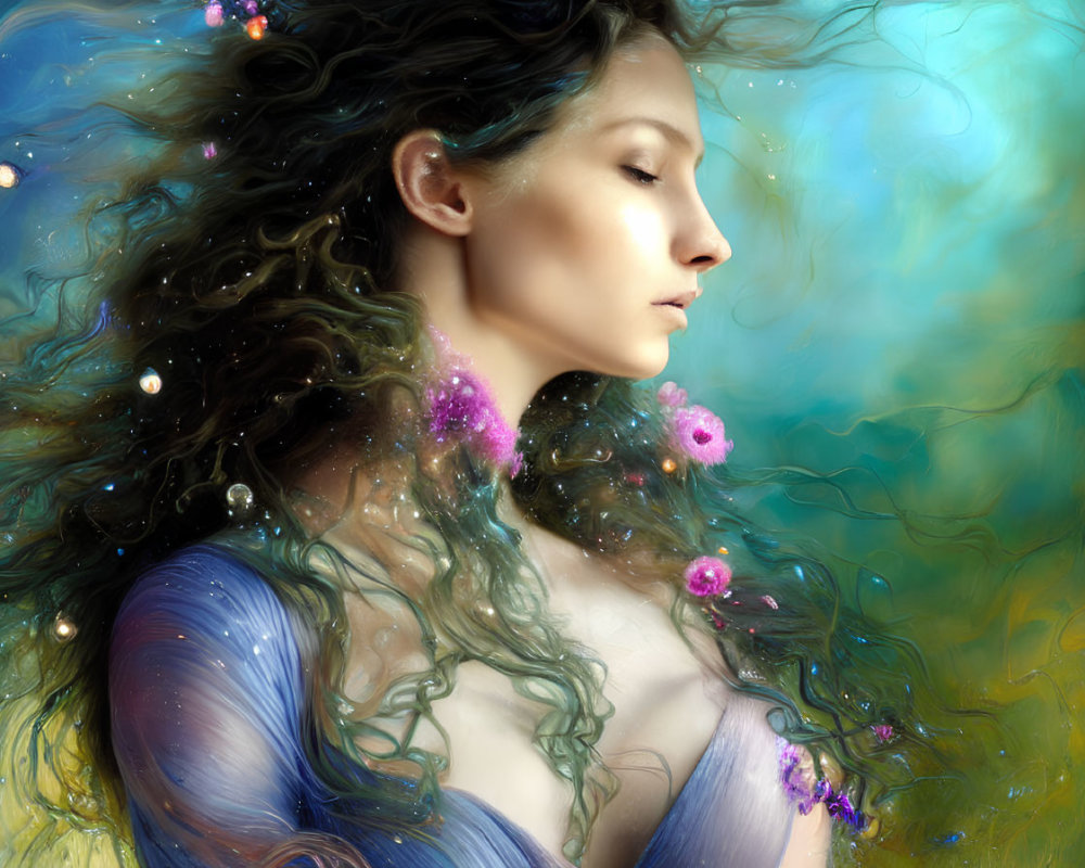 Surreal portrait of woman with flowing hair and sparkling lights on dreamy background