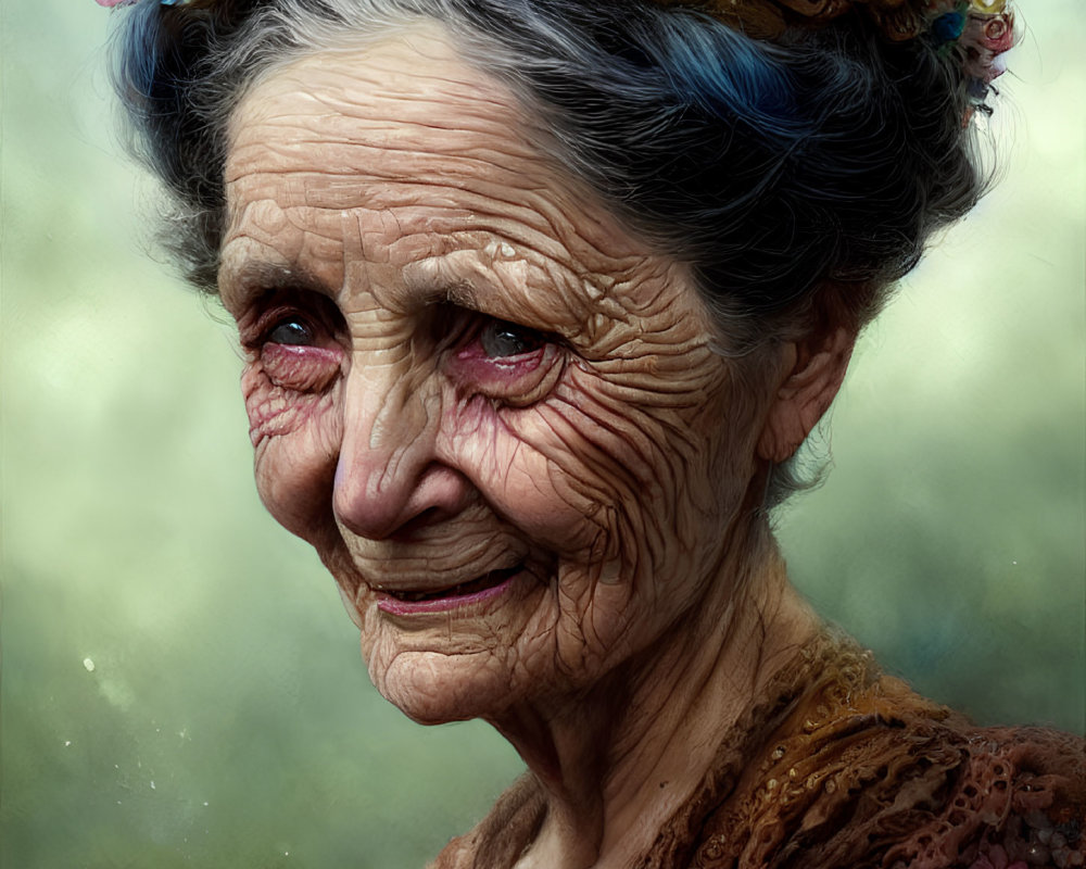 Elderly Woman Smiling with Deep Wrinkles and Flowers in Hair