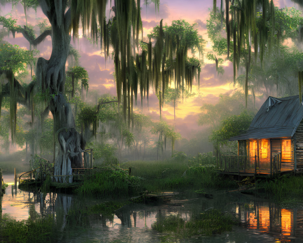 Tranquil sunset swamp scene with cabin, moss-draped trees, and reflective water