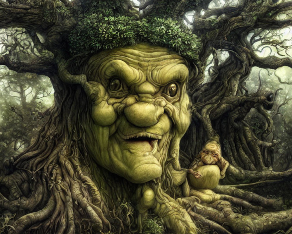 Illustration of large tree with face next to smaller tree in twisted forest