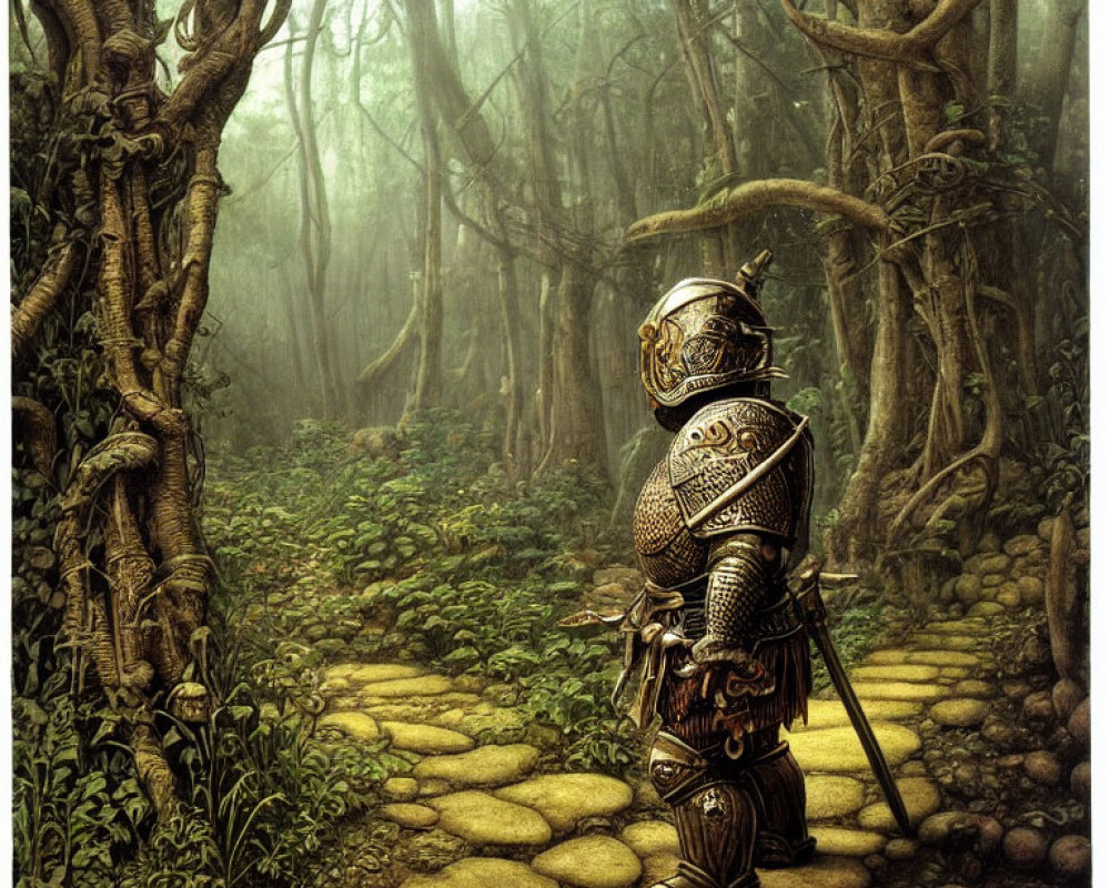 Ornate armored knight in misty forest with twisted trees