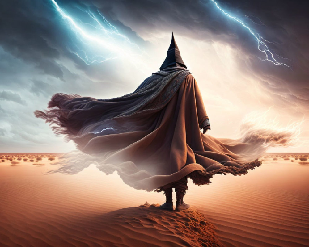 Cloaked figure in desert under dramatic sky with lightning bolts