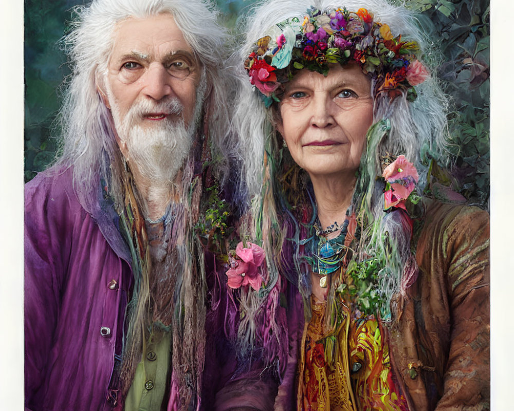 Elderly Couple with Long Gray Hair in Nature-Themed Attire