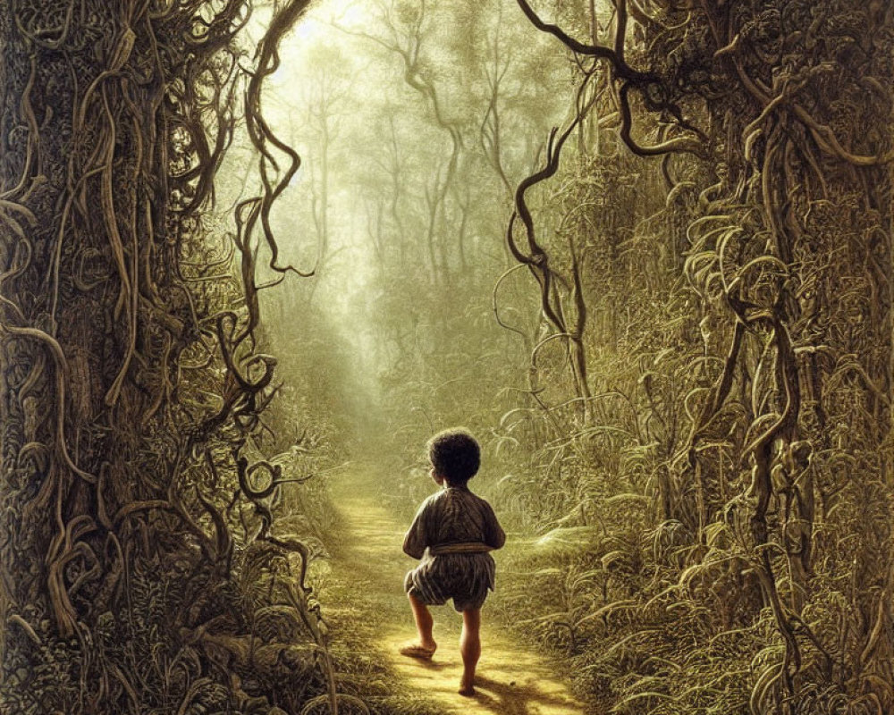 Child at Entrance of Mystical Forest Pathway with Sunlight Filtering Through Foliage