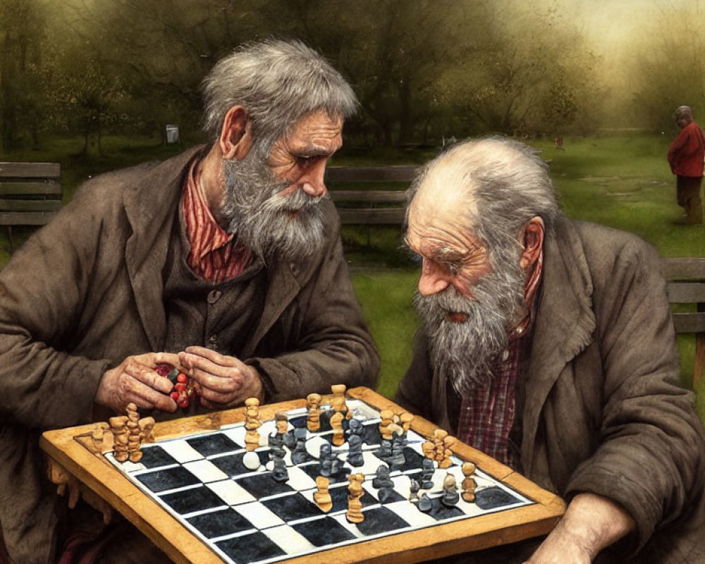 Elderly men playing chess in park with person walking