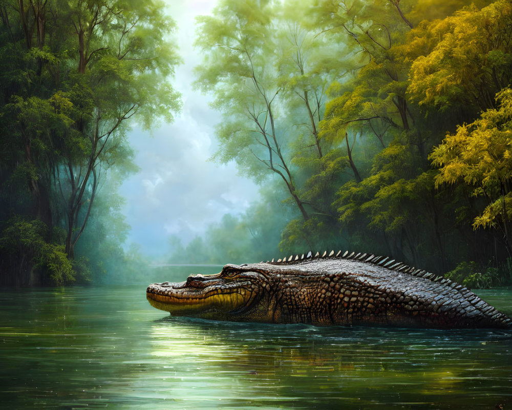 Large Crocodile in Water with Misty Forest Background
