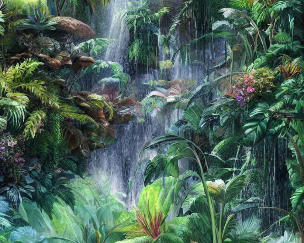 Tropical Jungle with Cascading Waterfall and Vibrant Flora