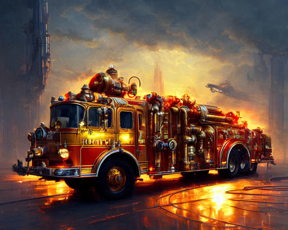 Detailed illustration of classic firetruck in gold and red against dystopian cityscape.